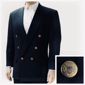 InStyle Navy Blue Double Breasted Blazer Cambridge Gold Button Men's Size 48L